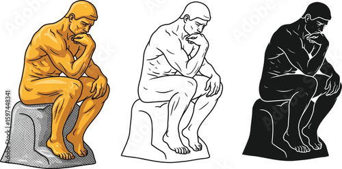 The thinker statue illustration in different styles art and design creative thinking and philosophy concept vector