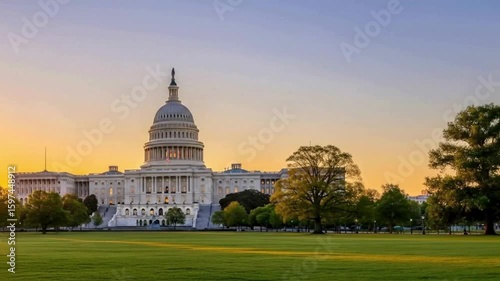 United states capitol building at sunset with green lawn and trees around hd , 4k , mp4 video