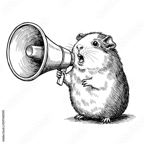 Vintage ink sketch of a guinea pig with megaphone, hand-drawn black and white illustration, vector engraving, woodcut style.