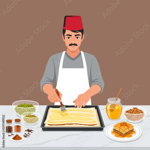Chef in Red Hat Applying Glaze on Pastry for Baklava Dessert