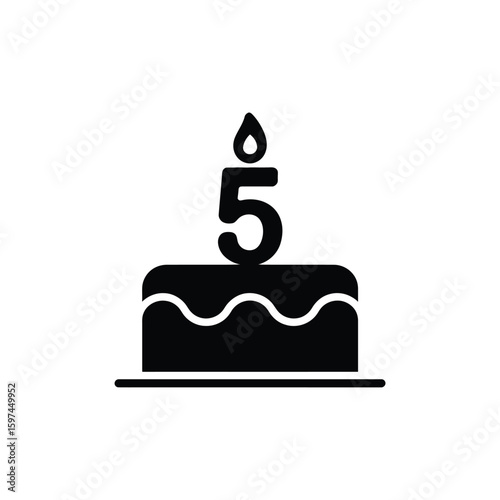 Fifth birthday cake icon with number five candle and flame