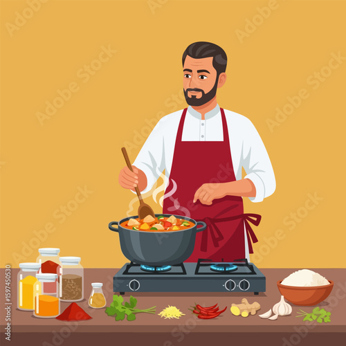 Bearded Chef in Apron Cooking Stew on Stove with Spices