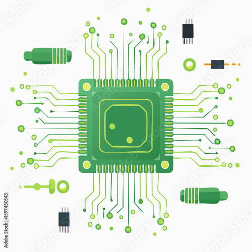 Clean vector illustration of an electronic circuit board with microchips, resistors, and capacitors, flat design, green PCB theme