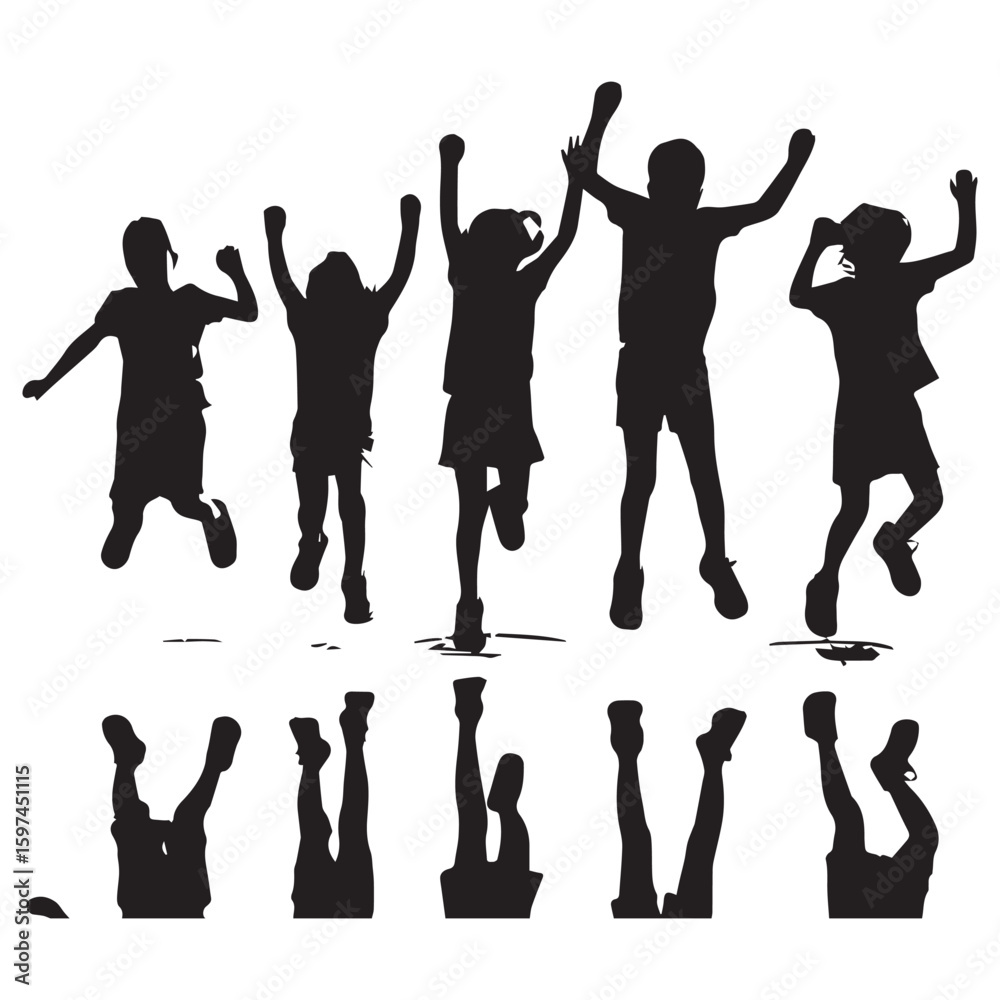 Fototapeta premium Diverse group of children silhouetted against a bright background jumping with joy and excitement celebrating together
