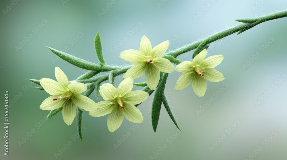 Fototapeta premium Four pale yellow star shaped flowers on a fuzzy green stem starshaped botanical