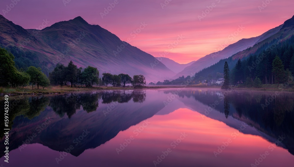 Fototapeta premium Serene mountain lake at dawn, vibrant colors reflected