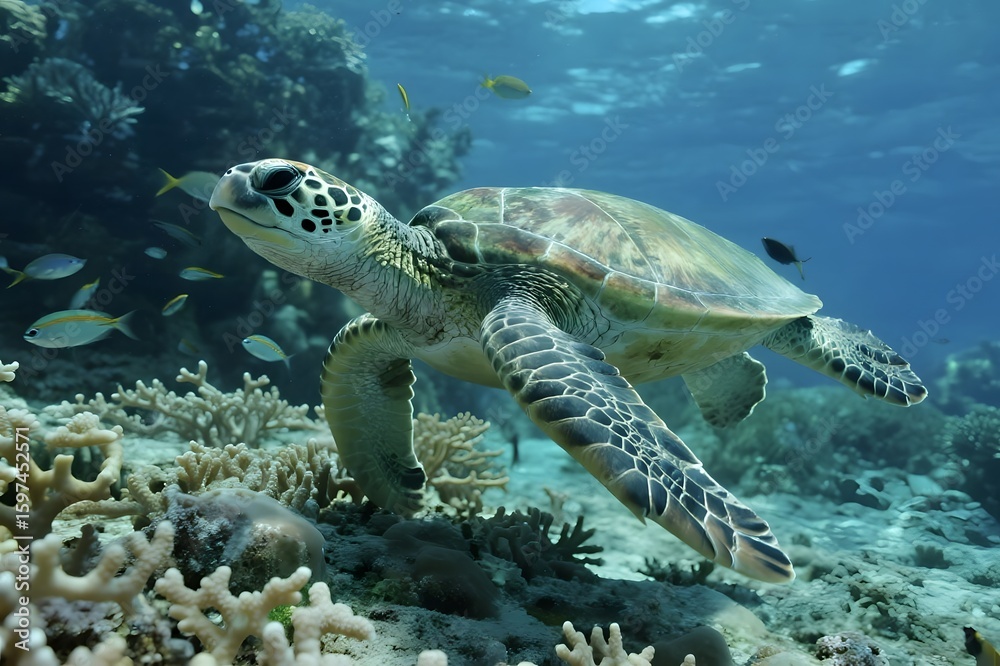 Fototapeta premium Underwater Ocean Scene with Marine Life and Seascape Elements