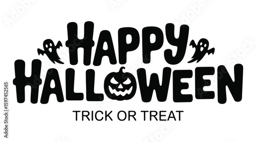 Happy Halloween trick or treat text with ghosts and pumpkin illustration
