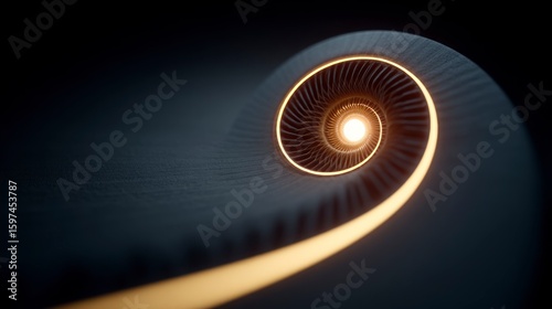 Fototapeta Naklejka Na Ścianę i Meble -  Abstract dark spiral tunnel with glowing light and golden accents motion