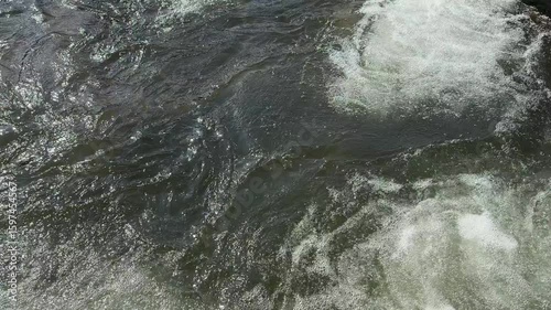 Fast flowing mountain river with clear water and strong current. Mountain river water, top view. Beautiful lansdscape.