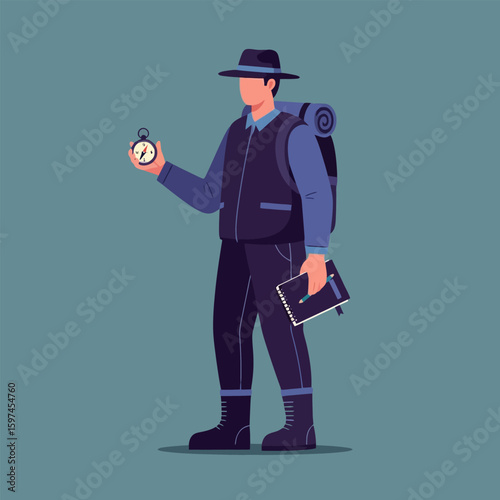 Hiker Looking at Compass with Backpack and Notebook on Teal