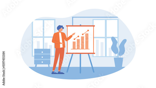 Man presenting a growth chart on a whiteboard in an office setting with a plant and a dresser