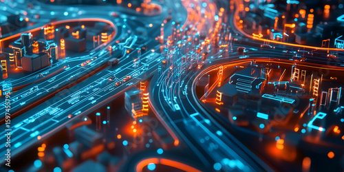 Futuristic Cityscape with Roads and Traffic Flow, Digital City at Night, Smart Urban Landscape


