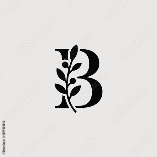 Elegant Letter B Logo with Botanical Branch and Berries