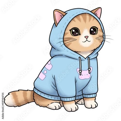 Adorable tabby cat wearing a cute blue hoodie with pink cat face designs sitting pretty
