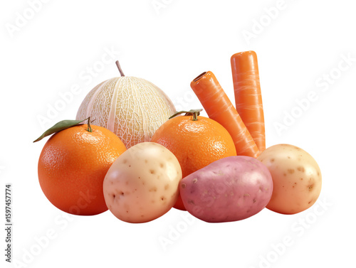 A vibrant assortment of oranges, carrots, and potatoes isolated on transparent background
