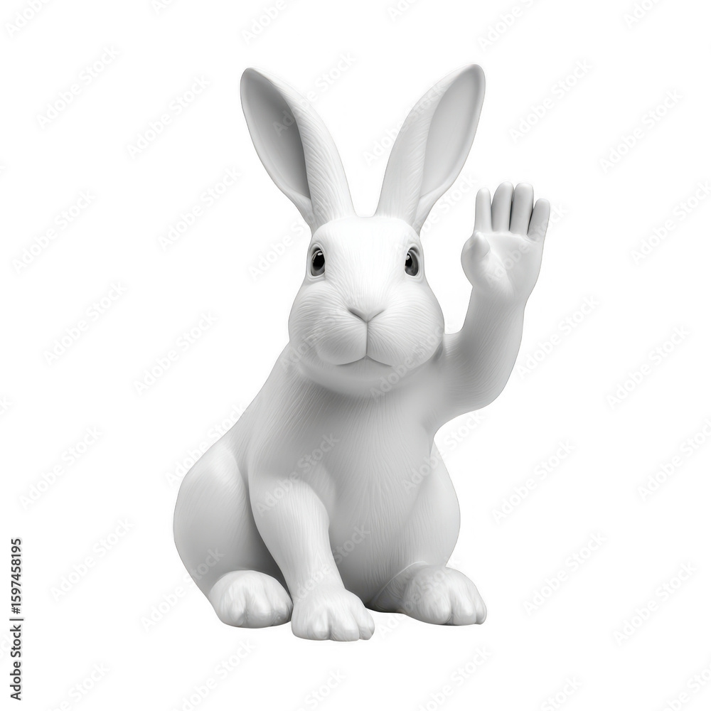 Fototapeta premium A cute white bunny rabbit figurine waving hello isolated on transparent background