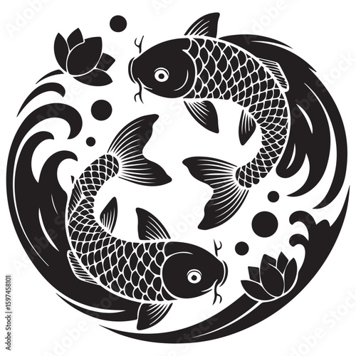 Stylized black and white yin yang symbol featuring two koi fish swimming in a circular pattern with lotus flowers and water waves