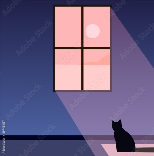 Creative concept vector illustration black pet domestic cat in the room enjoying the sunlight in the window.