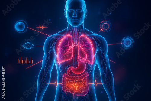 AI generated futuristic medical visualization of human respiratory and circulatory system with glowing data elements conveying energy flow and high tech diagnosis atmosphere