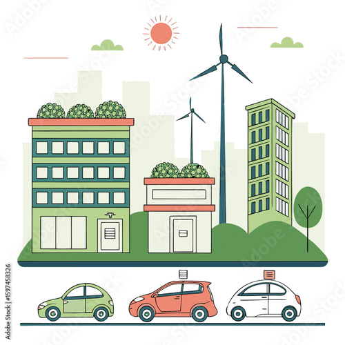 Eco-Friendly Smart City Vector – Rooftop Gardens, Electric Cars, Wind Turbines, Green Buildings, and Clean Energy Concept