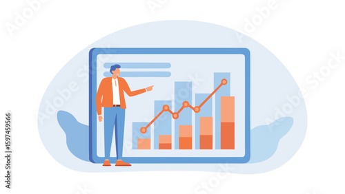 Man presenting a graph with bars and a line on a screen with a light blue background design here now