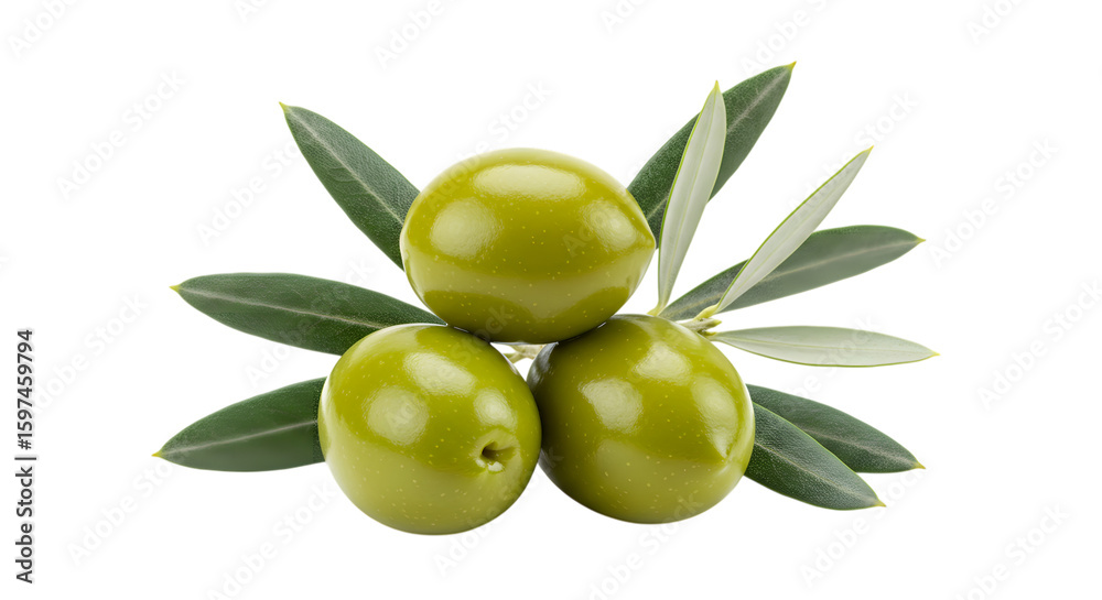 A close-up studio shot features three green olives stacked on top of each other, accented by a small olive branch with leaves. A close-up studio shot features three green olives stacked on top of each other, accented by a small olive branch with leaves.