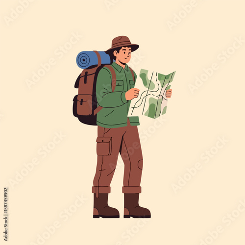 Cartoon Hiker Looking at Map with Backpack in Outdoor Adventure Style