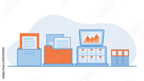 Illustration of a laptop with charts, folders, files and binders on a white background scene