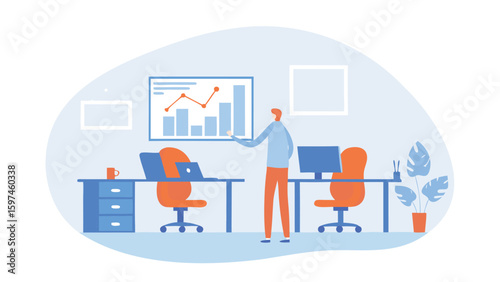 Man presenting business data chart in an office with desks and chairs in a light blue background