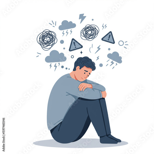 Depressed man hunched over, surrounded by anxiety symbols.