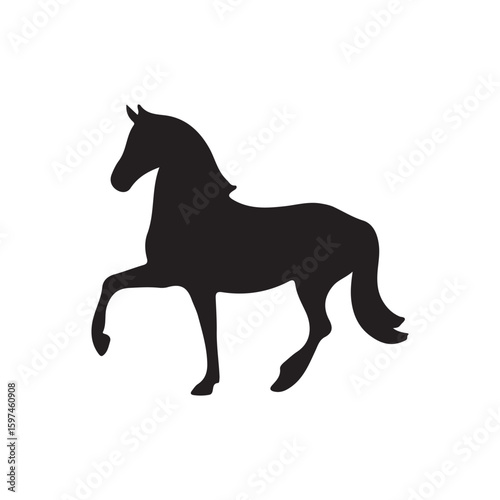 Black silhouette of a horse with mane and tail in motion white background animal