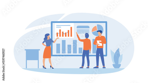 People presenting data on a screen with bar charts and pie charts in a business meeting setting here