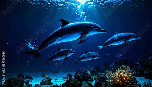  in the deep clear blue water, from far away there is dolphin swim