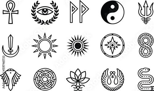 Collection of esoteric symbols and mystical icons silhouette