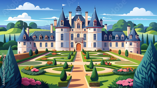 A French château in the Loire Valley, with pointed turrets, manicured gardens, and stone staircases leading to grand archways. A testament to royal elegance and historic splendor