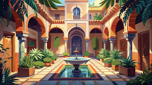 A historic stone riad in Marrakech, Morocco, with intricate tilework, arched doorways, and a shaded central courtyard filled with plants. Traditional Moroccan style meets serene living