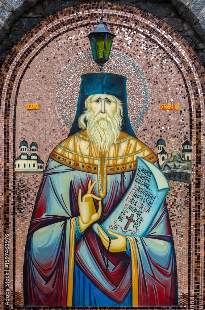 Obraz premium A mosaic icon depicting Saint Cleopa Ilie at the Piatra Taieturii Monastery in Suceava County - Romania