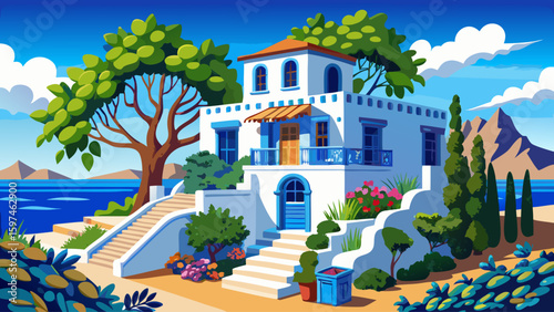An ancient Greek stone villa on the island of Rhodes with whitewashed walls, blue shutters, and climbing vines, perched above the Aegean Sea. It blends simplicity and beauty with heritage