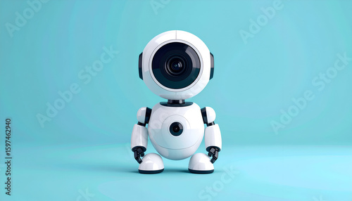 A cute robot character with a camera lens for a head, set against a blue background.
