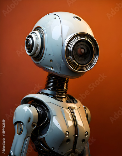 A futuristic robot with a camera-like head, showcasing advanced technology and design.