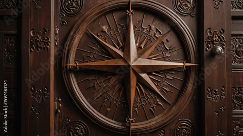 Dark Brown Wooden Door with Carved Compass Rose Design