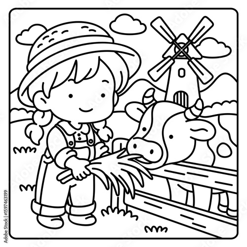 Cute girl is feeding her cute cows at the farm, easy coloring for kids, vector, illustration, coloring book, coloring page, cozy, cute, bold, comfy