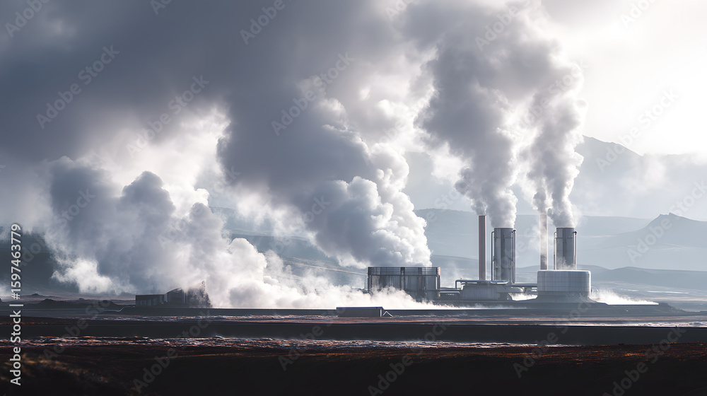 Obraz premium Dramatic Landscape: Industrial Power Plant Amidst Cloudy Skies, Environment Concerns