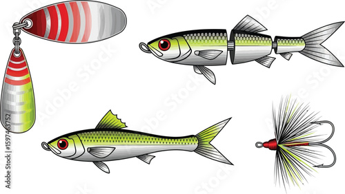 Fishing lures and bait collection for anglers and fishing enthusiasts vector illustration art