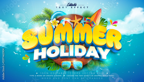 Summer Holiday 3D Text Effect Design Editable and Scalable Vector Graphic Style Effect with Beach Elements and Tropical Palm Leaves on Blue Cloudy Sky Background. Premium Illustration Template for