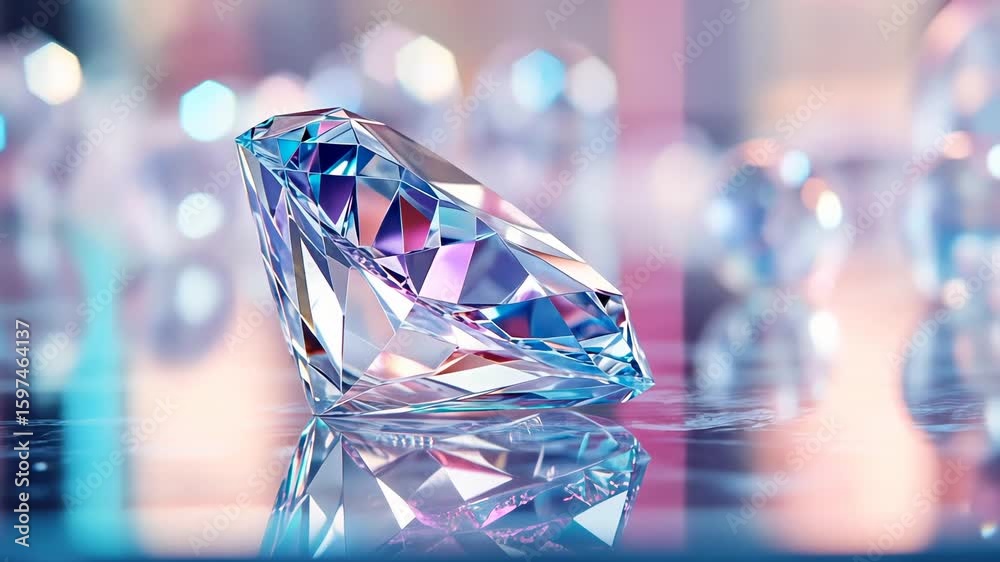 Sparkling gemstone in colorful light reflection on a reflective surface