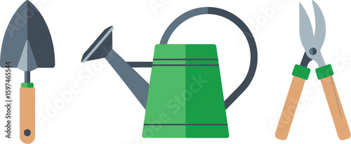 Illustration of gardening tools: trowel, watering can, and pruning shears for garden care