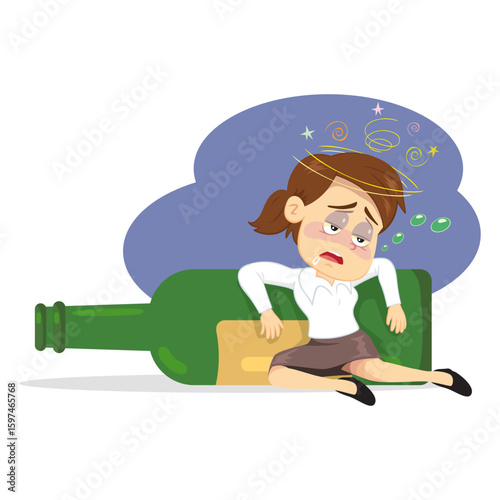 Drunk Woman Hugging Alcohol Bottle. Alcohol addiction concept. Bad habits and unhealthy. Drawings, Illustration, Cartoon, Vector.