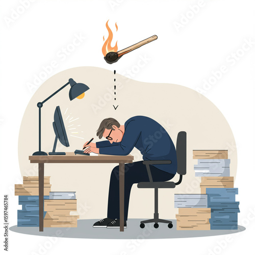 Overwhelmed man slumped at his desk, surrounded by paperwork, with a burning match overhead symbolizing stress.